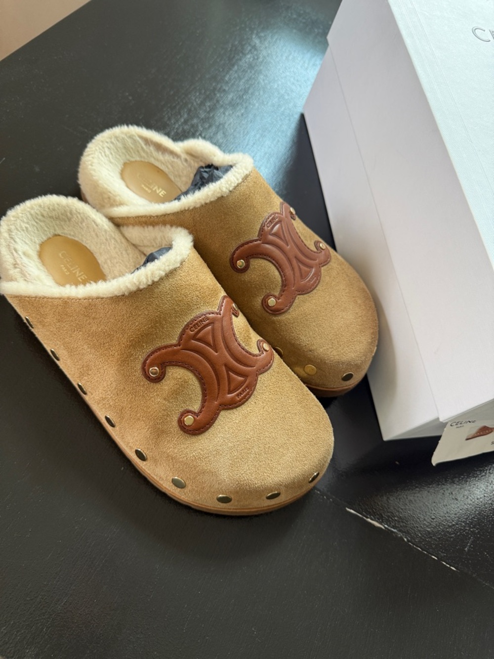 Authentic Celine  Tan Suede Shearling-Trim Clogs with Leather Logo